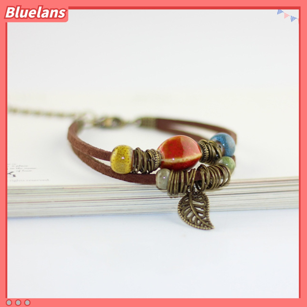 Gelang Tali Kulit Imitasi Lapisan Ganda Hias Manik-Manik Daun Keramik Gaya Bohemian Untuk Wanita