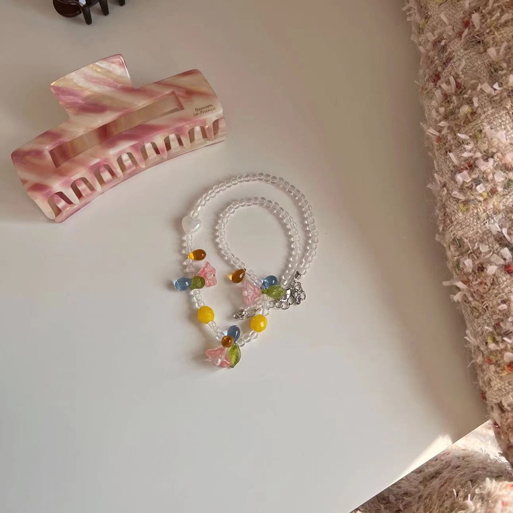 Kalung Rantai Klavikula Manik-Manik Bentuk Hati Warna Permen Untuk Perempuan