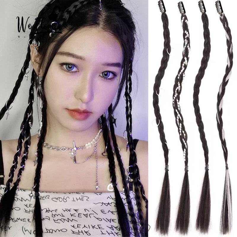 We Flower 2PCs / Set Rambut Palsu Extension Kepang Gimbal Y2K Aksen Mutiara + Kupu-Kupu + Bintang + Bulan Untuk Wanita