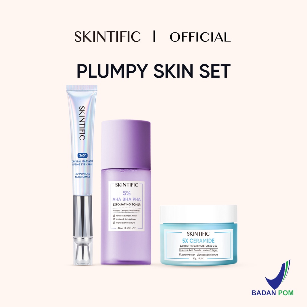 SKINTIFIC Plumpy Skin Set - 5% Aha Bha Pha Exfoliating Toner &amp; 5X Ceramide Barrier Repair Moisturize Gel Pelembab Wajah &amp;  Acne Clay Mask &amp; 360 Crystal Massager Lifting Eye Cream Krim Mata