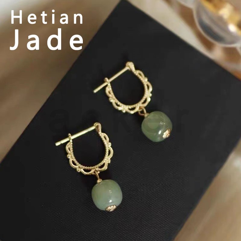 Anting Giok Hetian Natural Gaya Perancis Untuk Wanita