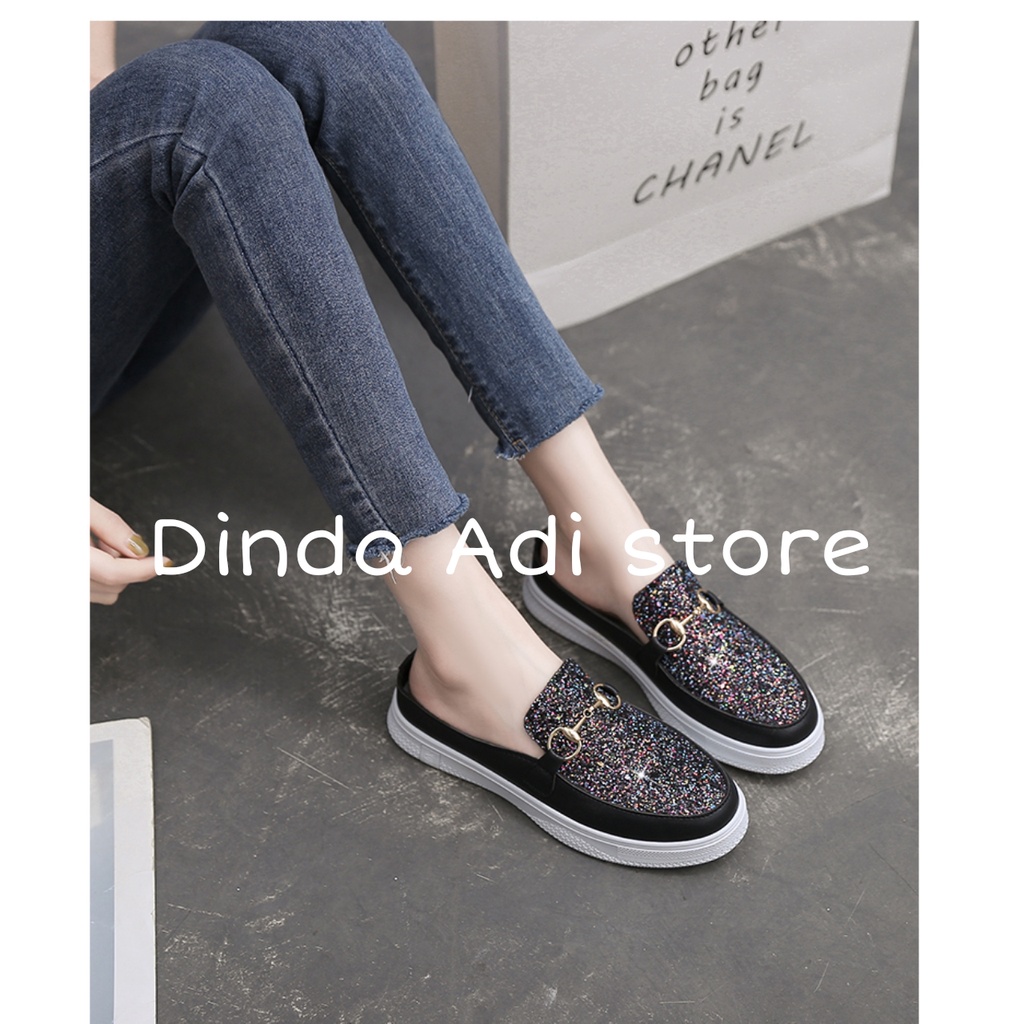 Dinda sepatu wanita slip on Glitter hanabi kekinian 2022 model terbaru warna hitam dan pink ukuran 37-40