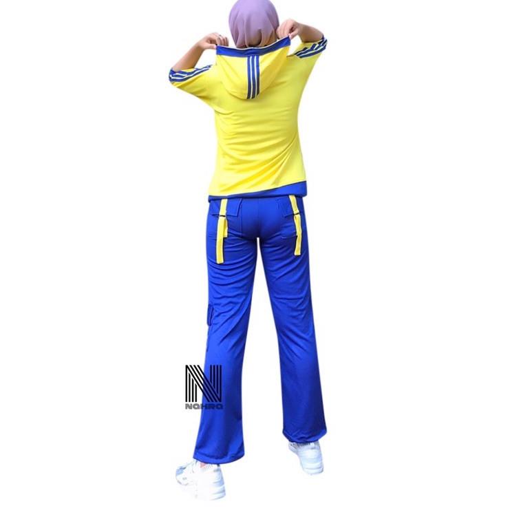 Baju senam doble bintang/ baju senam zumba aerobic/ setelan baju olahrraga wanita kuning biru {ERN.2