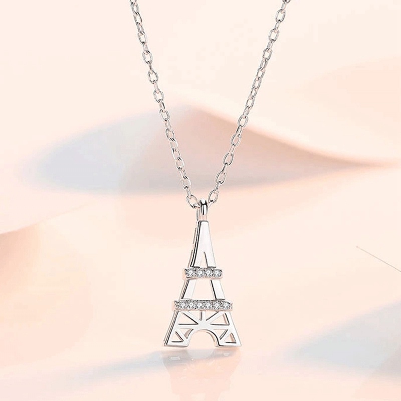 Fancyqube Kalung Rantai Dengan Liontin Bentuk Menara Eiffel Aksen Batu Kristal Warna Silver Untuk Wanita