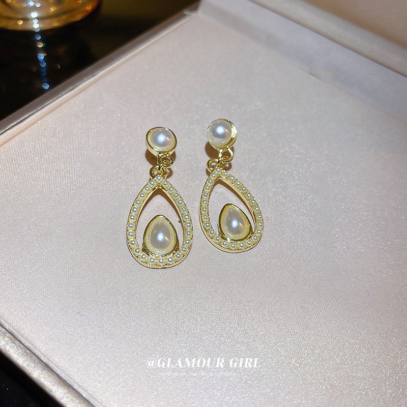 Anting Silver Needle Bentuk Water Drop Aksen Mutiara Gaya Perancis Untuk Wanita