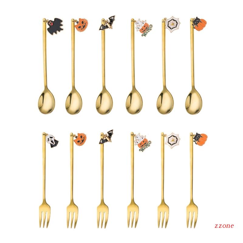 Zzz 6Pcs Sendok + Garpu + Pengaduk Kopi / Dessert Gagang Panjang Bahan Stainless Steel Untuk Halloween