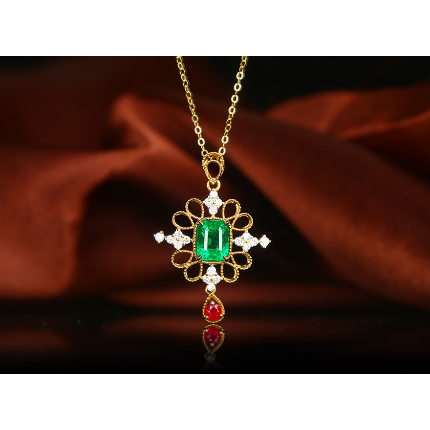 Goldkingdom Perhiasan Fashion 24K Bangkok Aksesoris Ready Stock Natural Emerald Pendant Ruby Vintage Lapis K Emas Asli Kadar 375 Manik Kalung