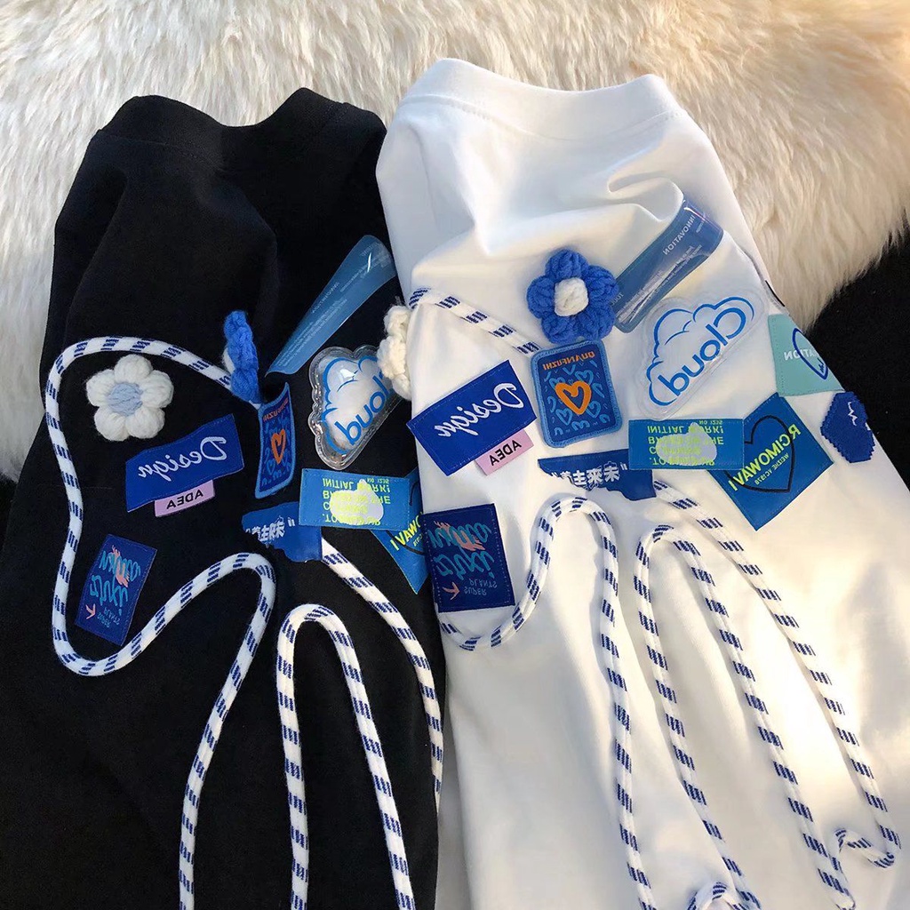 [littlecrab] Kaos Oversize Outline Pita Biru Putih Design Awan Bunga Kupu-Kupu Bordir T-shirt Couple Unisex Lembut Berkualitas Motif Cloud Flower Blue White Unik Korean Style