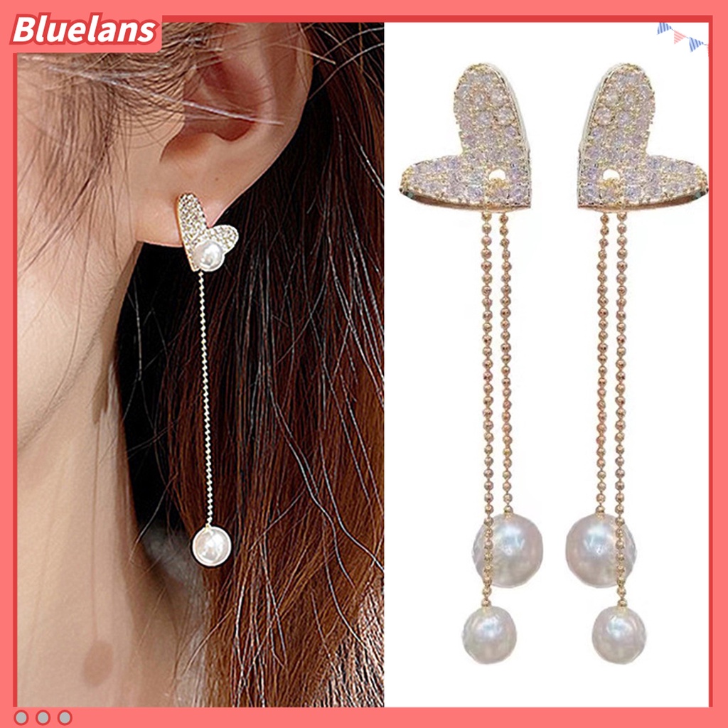 Anting Rumbai Panjang Bentuk Hati Aksen Berlian Imitasi Untuk Wanita