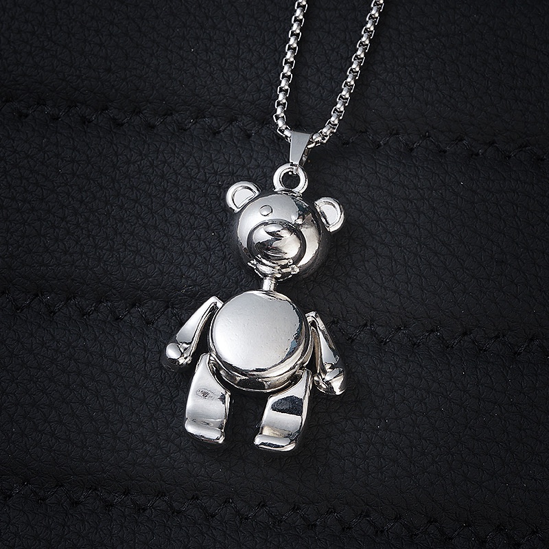 Kalung Liontin Robot Beruang Bahan Stainless Steel Warna Silver Glossy Gaya Hip Hop Untuk Pria Dan Wanita