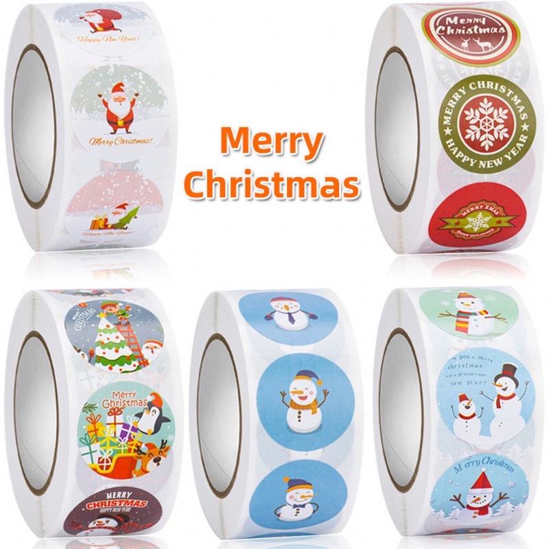 500pcs / Roll Stiker Label Segel Kemasan Biskuit / Permen Handmade Desain Merry Christmas Untuk Diary / Scrapbook