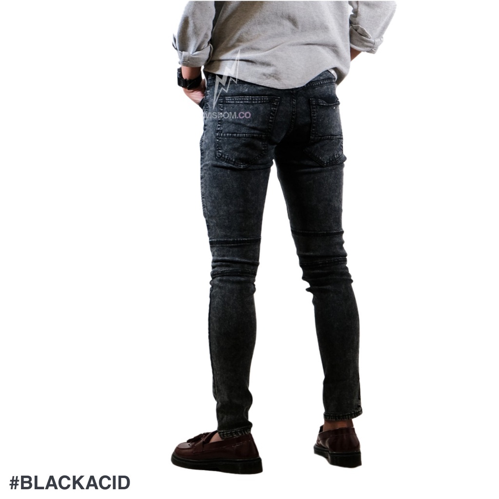 Wisdom - Celana Jeans  Bikers Snow Black Acid Full Ripped Premium Softjeans Stretch