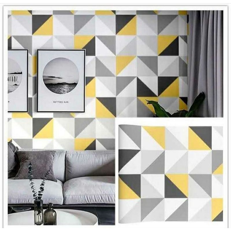 COD_10M X 45CM(SEGITIGA 4 WARNA) WALLPAPER DINDING WALLSTICKER MOTIF SERAT CREAM PUTIH ELEGAN