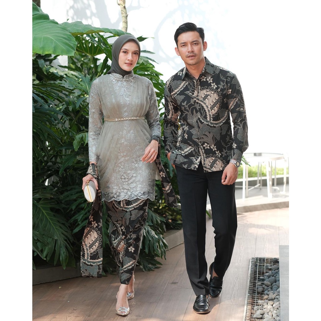 Batik Couple Brukat Tulle Mutiara Set Kebaya Couple Madina Indira - Kebaya Couple Kondangan Lamaran - Kebaya Wisuda - Seragam Bridesmaid - Couple Batik Modern