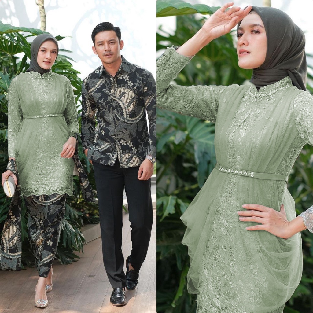 New Arrival - Batik Kebaya Couple Alyssa Tulle Mutiara / Kebaya Wisuda/ Batik Sarimbit/ Couple Tunangan/ Couple Kondangan / Sragam Kebaya Bridesmaid premium