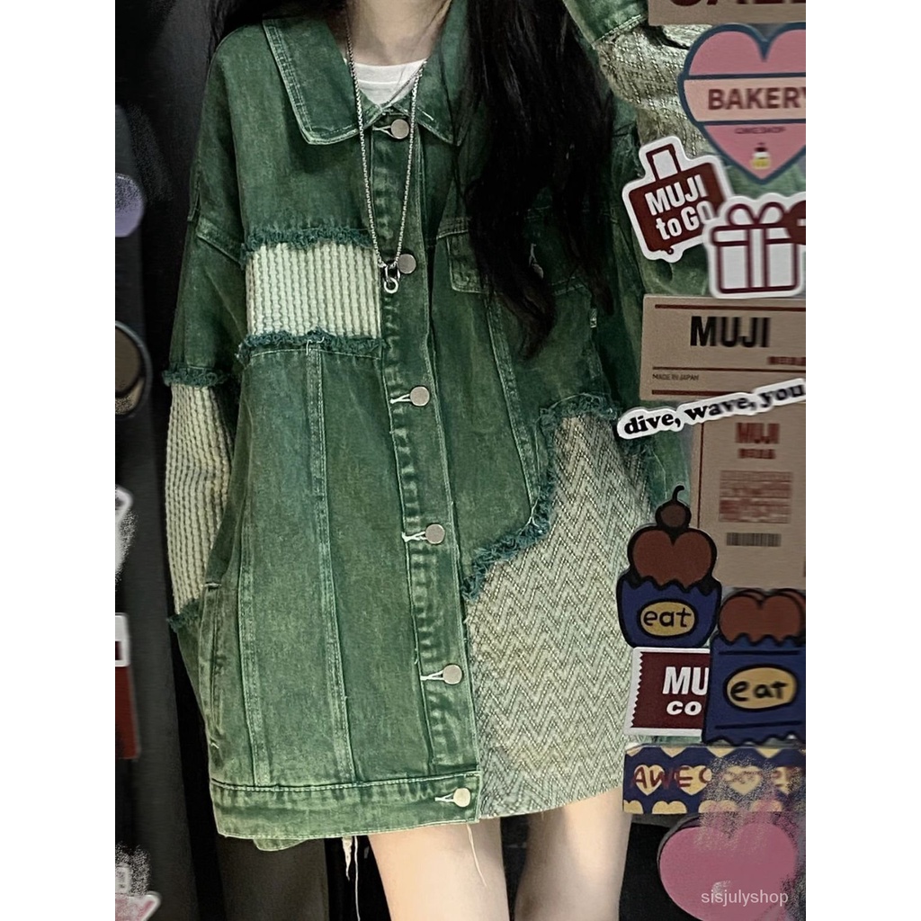 #Sisjuly# Jaket denim hijau wanita Amerika vintage tambal sulam jaket longgar atas