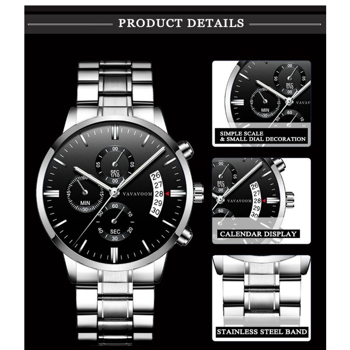 VAVAVOOM 214 Jam Tangan Pria Business Anti Air Original VAVA VOOM VA-214 Strap Stainless Steel Anti Karat Keren Kronograf Tahan Air Original