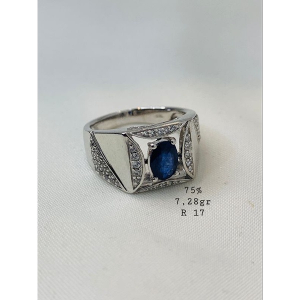 Cincin Cowok Emas Asli Putih Kadar 750 75% Batu Biru Permata Size Besar