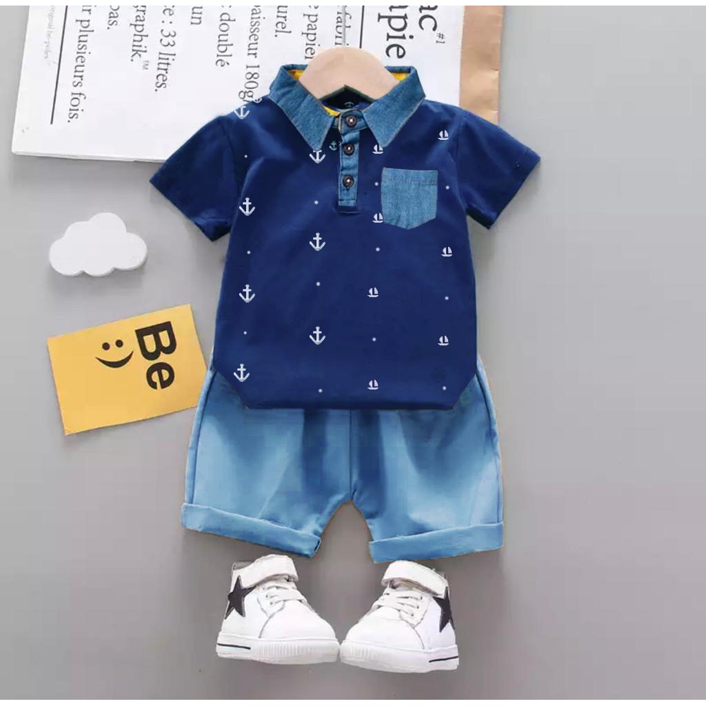 (BAYAR DITEMPAT) SETELAN KEMEJA KANTONG ANAK MOTIF JANGKAR DENIM - FASHION BAJU ANAK TERBARU UNTUK ANAK LAKILAKI DAN ANAK PEREMPUAN USIA 6-10BLN 1-5THN - BAJU ANAK DENGAN GAMBAR BAJAK LAUT DAN BERKERAH DIBAJUNYA / BAHAN BAJU COMBED CELANA DENIM PENDEK