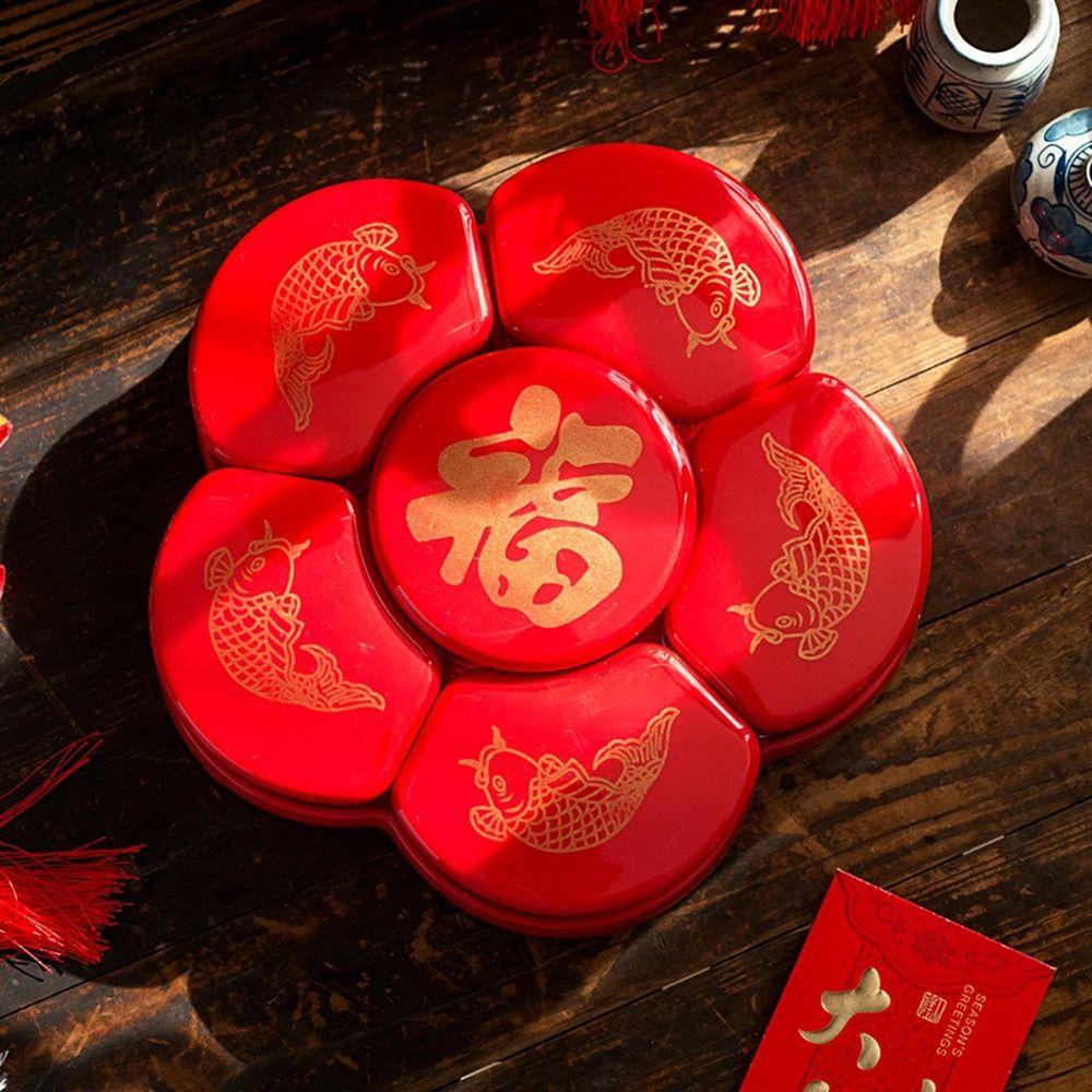 【 ELEGANT 】 Kotak Buah Kering Piknik Chinese New Year Organizer Plate Portable Dengan Tutup Rotating Food Saving Bins