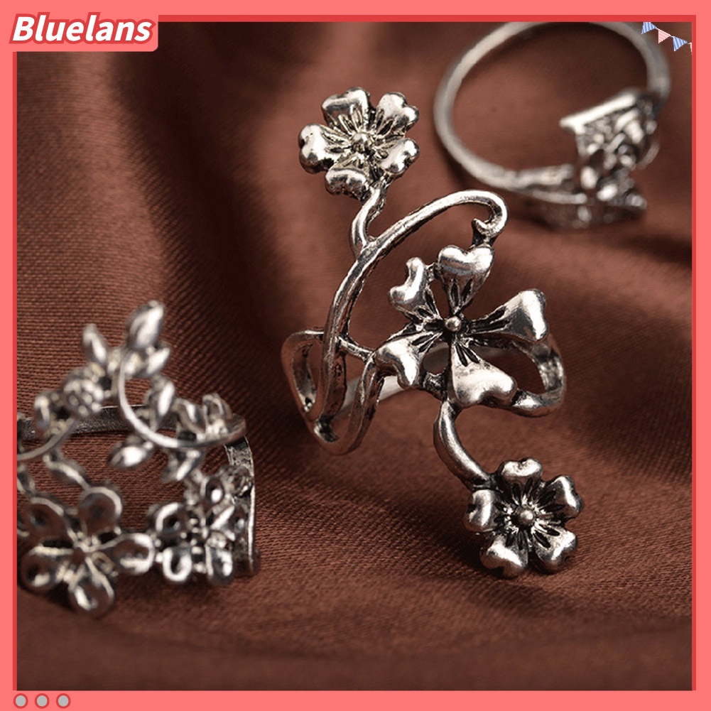 Bluelans 4Pcs Women Vintage Stereo Flower Leaves Midi Finger Knuckle Rings Set Jewelry