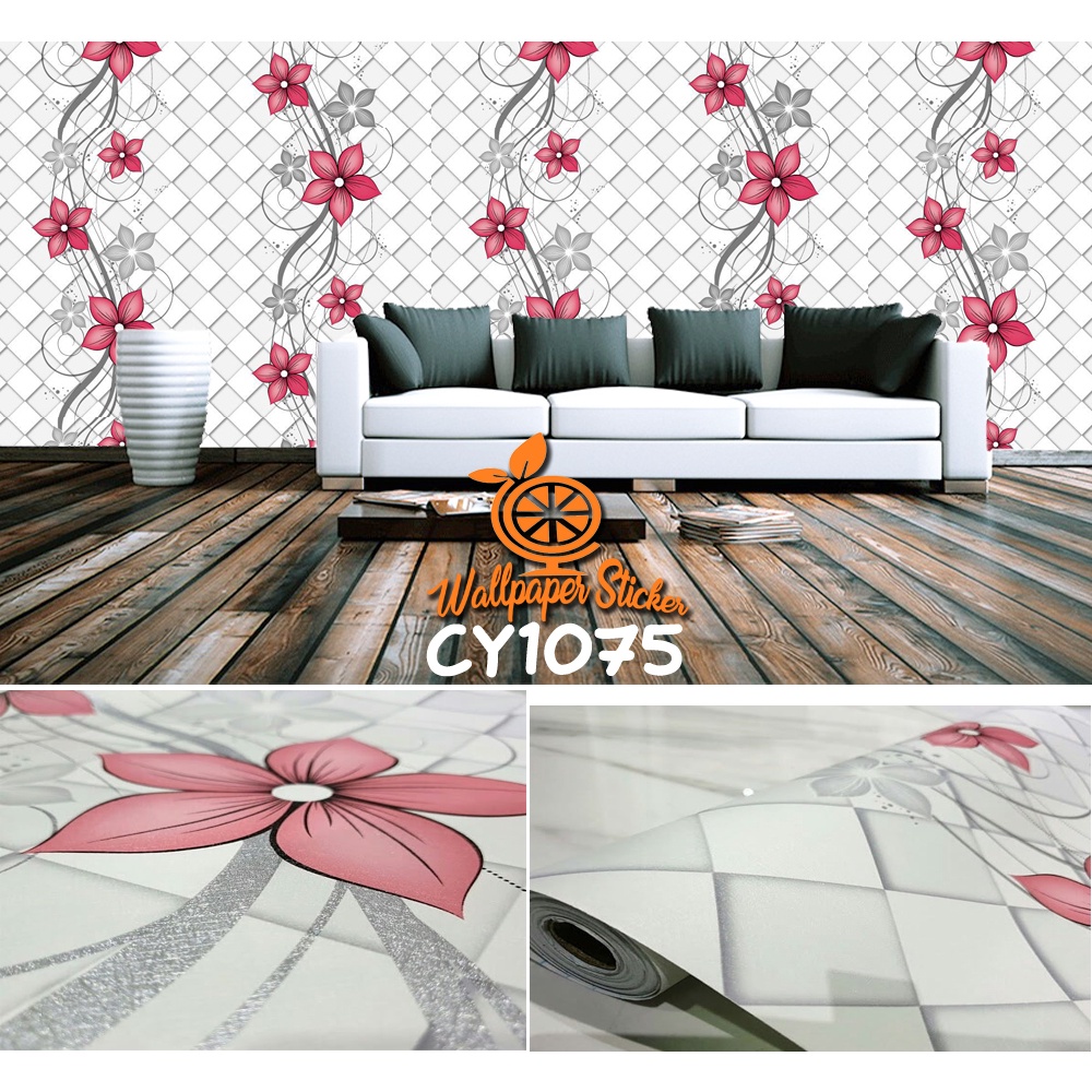 10 Meter Wallpaper Stiker Dinding Kamar Tidur Ruang Tamu Aesthetic Motif Ketupat Bunga Merah