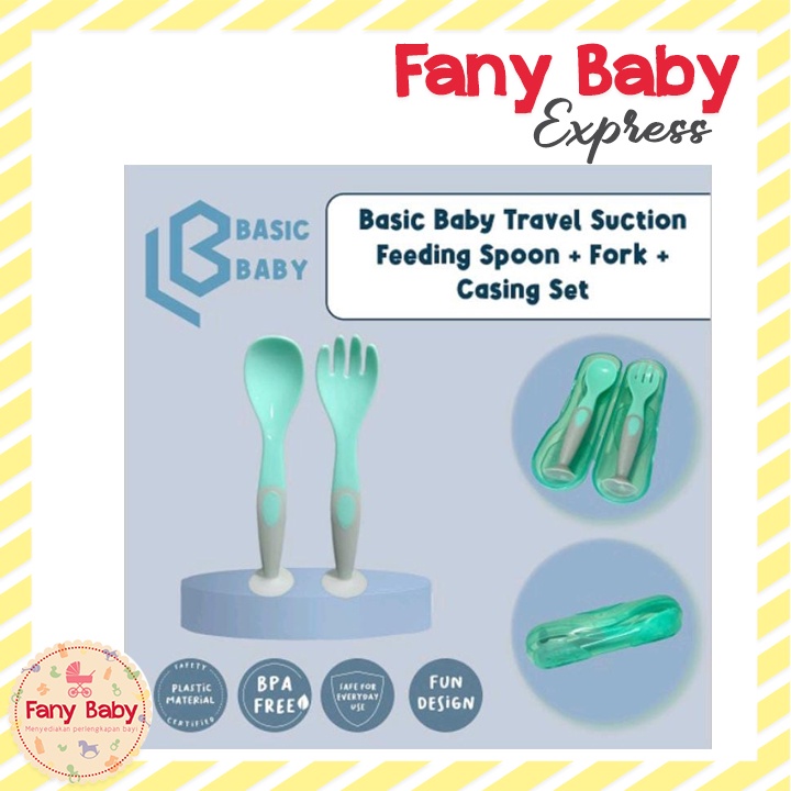 BASIC BABY TRAVEL SUCTION FEEDING SPOON + FORK + CASING SET