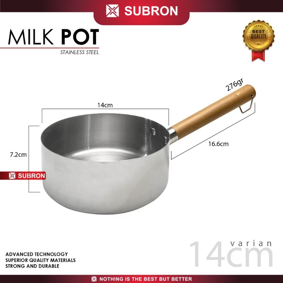 Panci Susu Milk Pot Pegangan Kayu 14 cm Stainless Steel SUBRON
