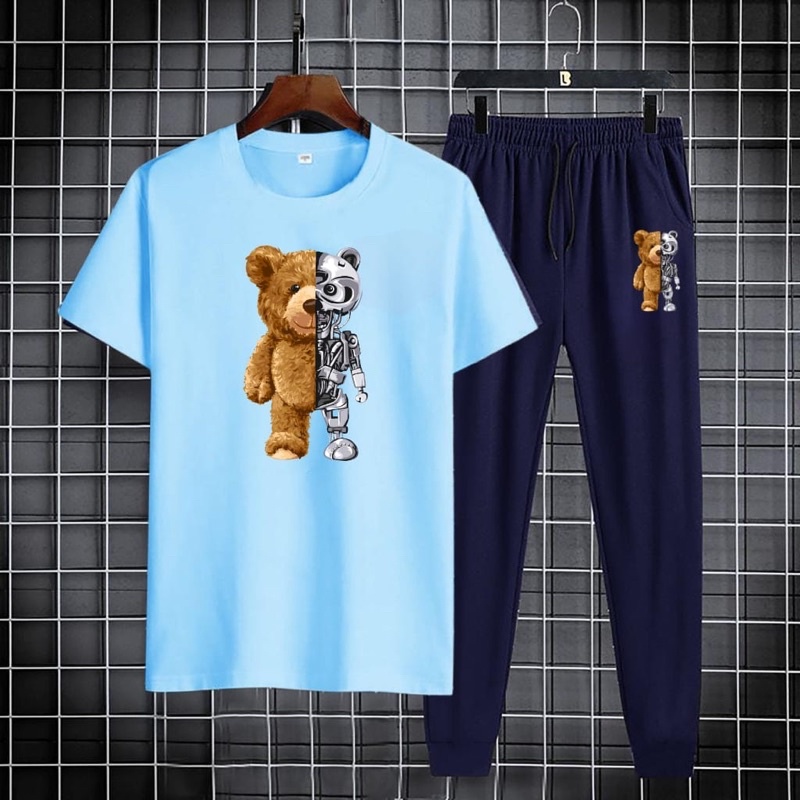 BAJU SETELAN ONE SET PRIA KAOS DAN CELANA JOGER PANJANG COWOK BEAR ROBOT