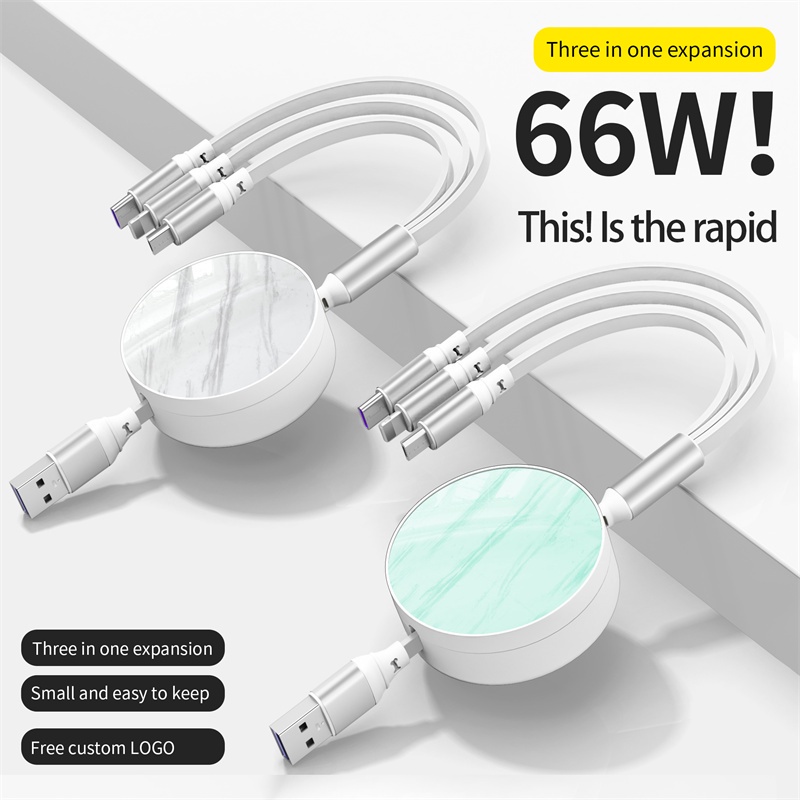 3in1 Kabel Charger USB Tipe C 66W 6A Fast Charging Retractable Portable Untuk Iphone 14 13