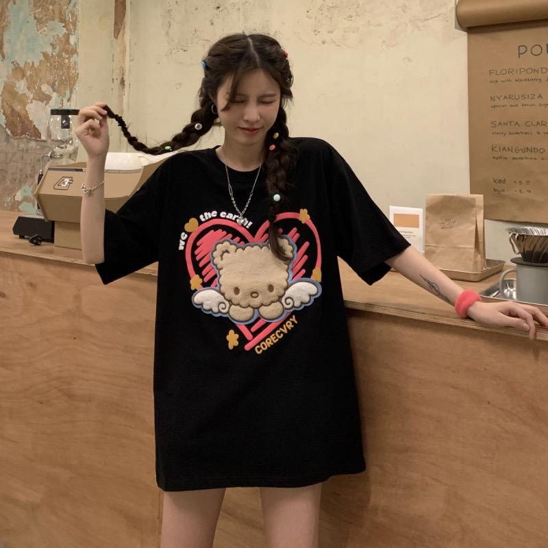 [littlecrab] Kaos Oversize Beruang Bulu Bersayap Corecvry Love Sablon Timbul We Love The Earth T-shirt Couple Unisex Lembut Berkualitas Motif Wings Bear With Love Unik Simple Korean Style