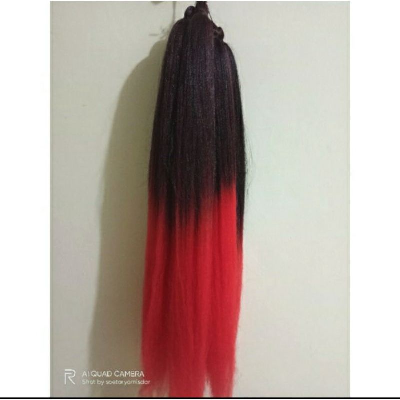 Rambut Cemara Ombre 2 Warna, Hitam - Merah Cabai Ukuran 90 Cm