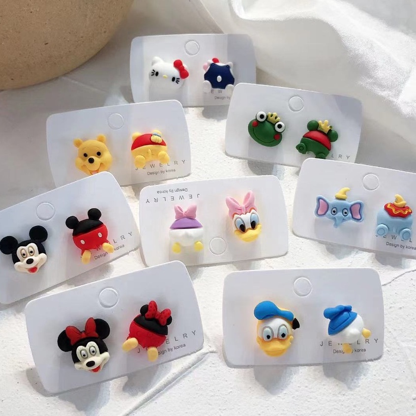 Anting Tusuk silver needle resin Asimetris 11 Model Hewan Mickey Bear Dinosaurus Untuk Anak Perempuan