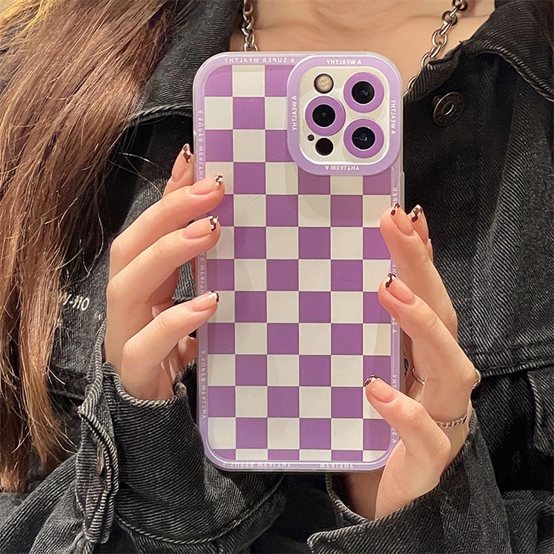 Soft Case Casing Compatible for iPhone 14 13 12 11 Pro Max X Xr Xs Max iPhone 7 8 6 6s Plus Square Lattice Transparent Silicone Phone Case Soft TPU Silicone Shockproof Phone Case Cover