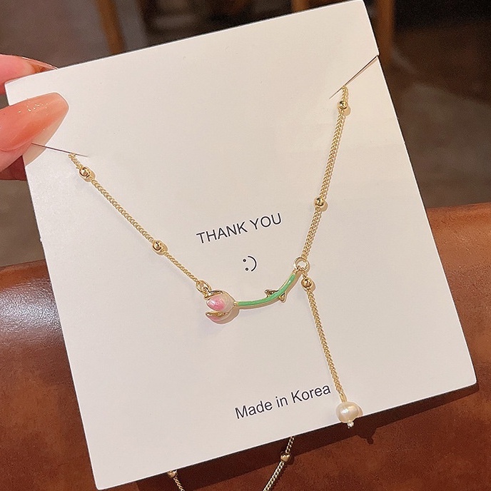 Kalung Dan Gelang Model Bunga Tulip Aksen Mutiara Rumbai Gaya Korea Untuk Wanita