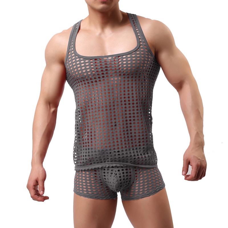 2PCS Mens Sexy Undershirts Exotic Vest Sleeveless T-shirt Men Tank Tops Boxers Shorts Underwear Mesh