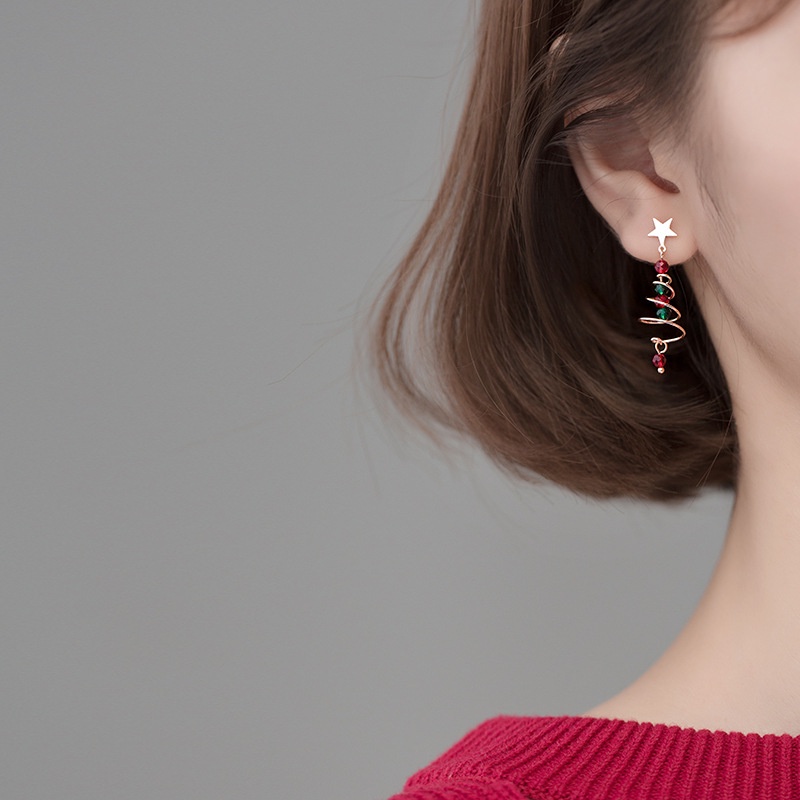 1 Pasang Anting Stud Hias Liontin Pohon Natal Kristal Berlian Gaya Vintage Korea Untuk Wanita