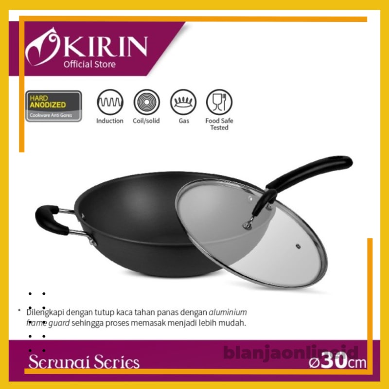 Kirin Wajan Penggorengan Wok Wajan Induksi 30 cm Serunai Series Tutup Kaca