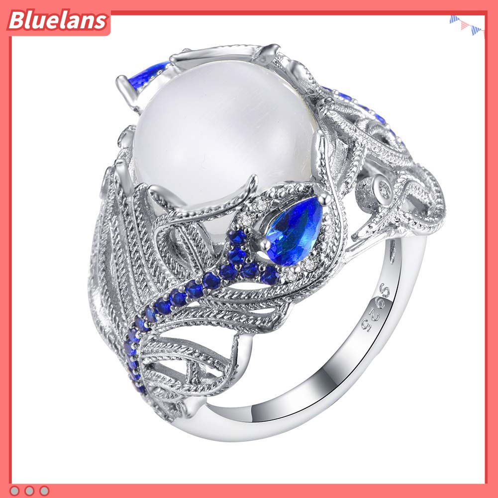 Cincin Wanita Bentuk Bulu Merak Aksen Opal Sapphire Imitasi Untuk Pernikahan