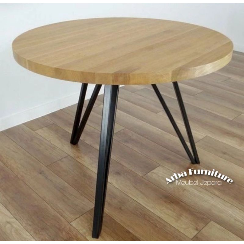 MEJA CAFE BULAT KAKI BESI MINIMALIS KAYU JATI