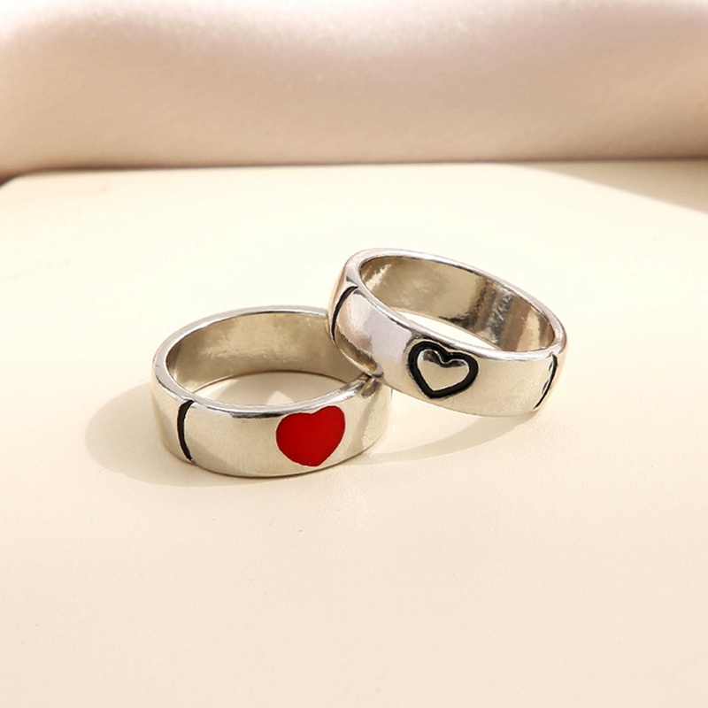 Fancyqube 1 Pasang Cincin Bentuk Hati Bahan Alloy Warna Silver Hitam Putih Untuk Wanita