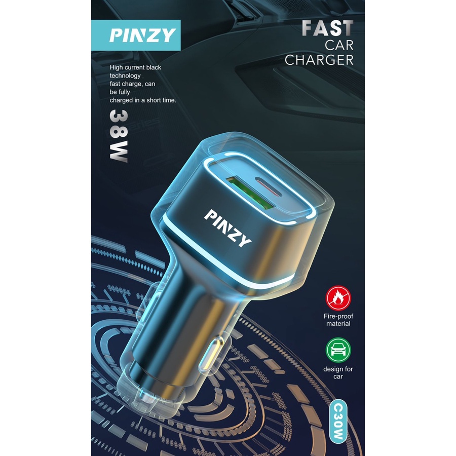 Car Charger / Saver Mobil PINZY c30w pd20w Free Kabel Lightning Fast Charger