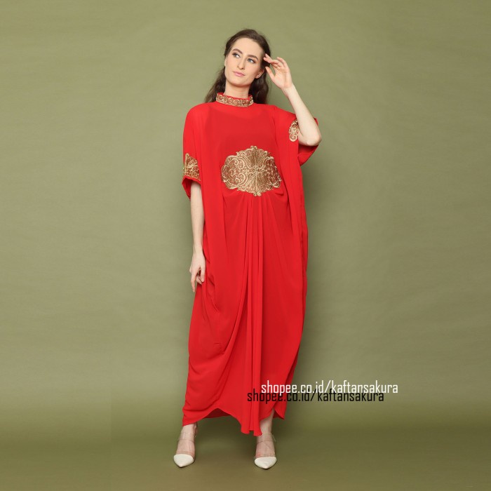 Cod TERLARIS  KAFTAN ASHANTY TERBARU WARNA MERAH JUMBO BAHAN SIFFON - Merah
