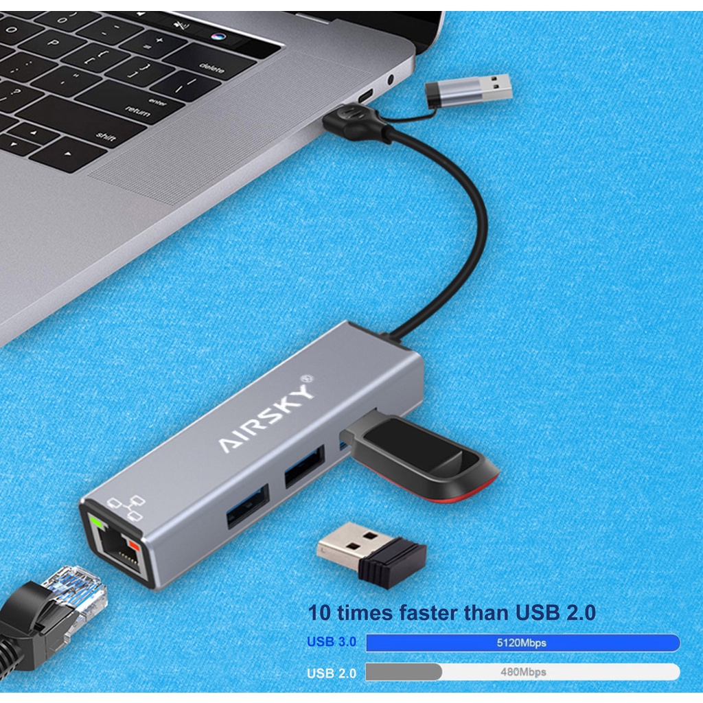 USB TYPE C to HUB USB 3 Port + LAN Ethernet Lan 10/100Mbps AIRSKY