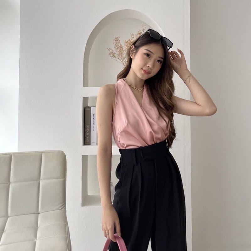 JENNY SATIN TOP KOREA SOFT PINK - ATASAN PESTA SATIN - TOP BASIC MEWAH V-NECK - TOP SEXY - ATASAN UNTUK KONDANGAN - HADIAH / KADO ULTAH CEWEK