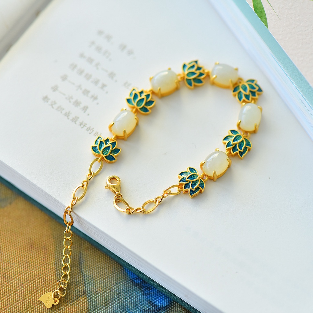 Goldkingdom Fashion Perhiasan Emas Asli Kadar 375 Bangkok Aksesoris Ready Stock Kerajinan Manusia Bertatahkan lotus Alami lotus enamel Tebal frosted Gelang Peri Pesona retro Wanita