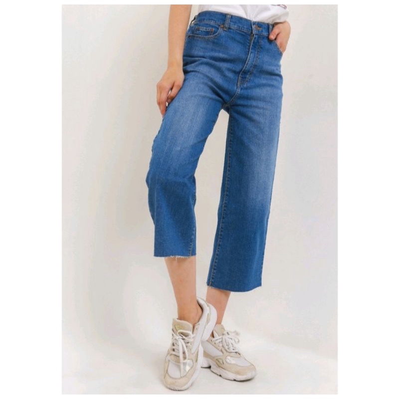 DUST Celana Cropped Wide Leg Jeans Maresa Biru / kulot jean