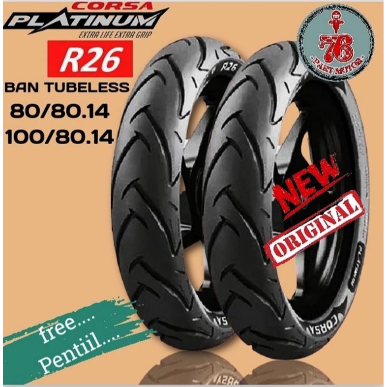 PAKET BAN TUBELESS MATIC CORSA R26 80/80 .14 &amp; 100/80 .14 FREE PENTIL