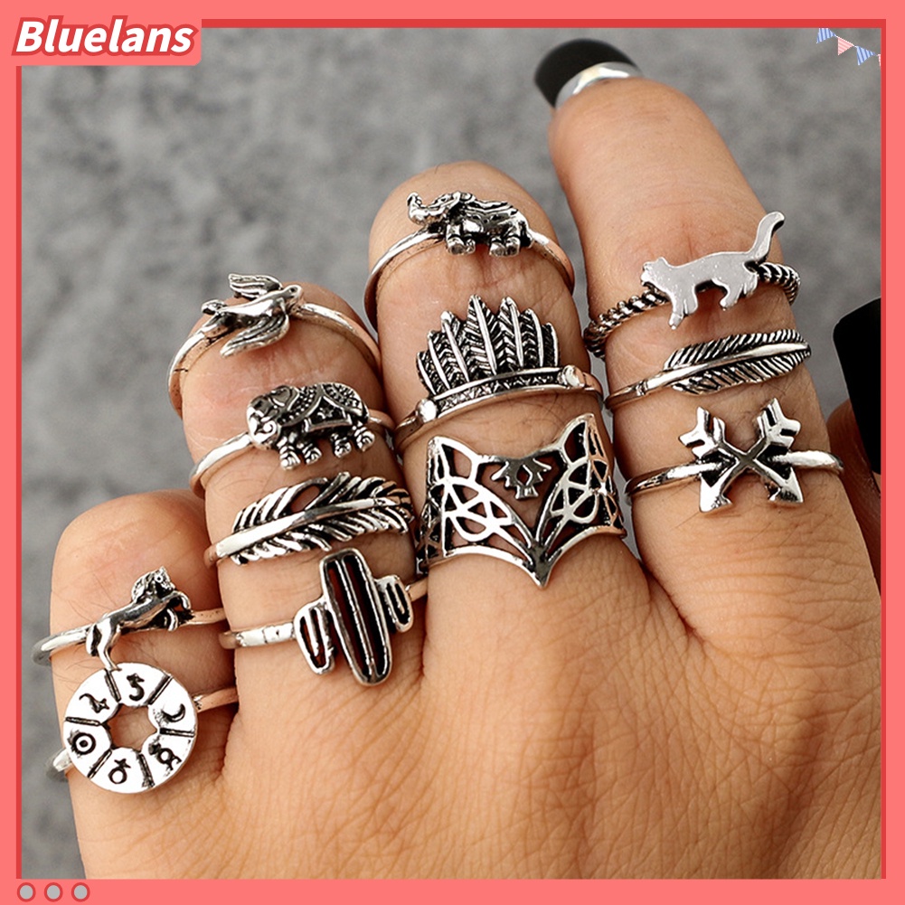 Bluelans 12Pcs Leaf Fox Elephant Design Rings Lady Vintage Knuckle Midi Stacking Ring