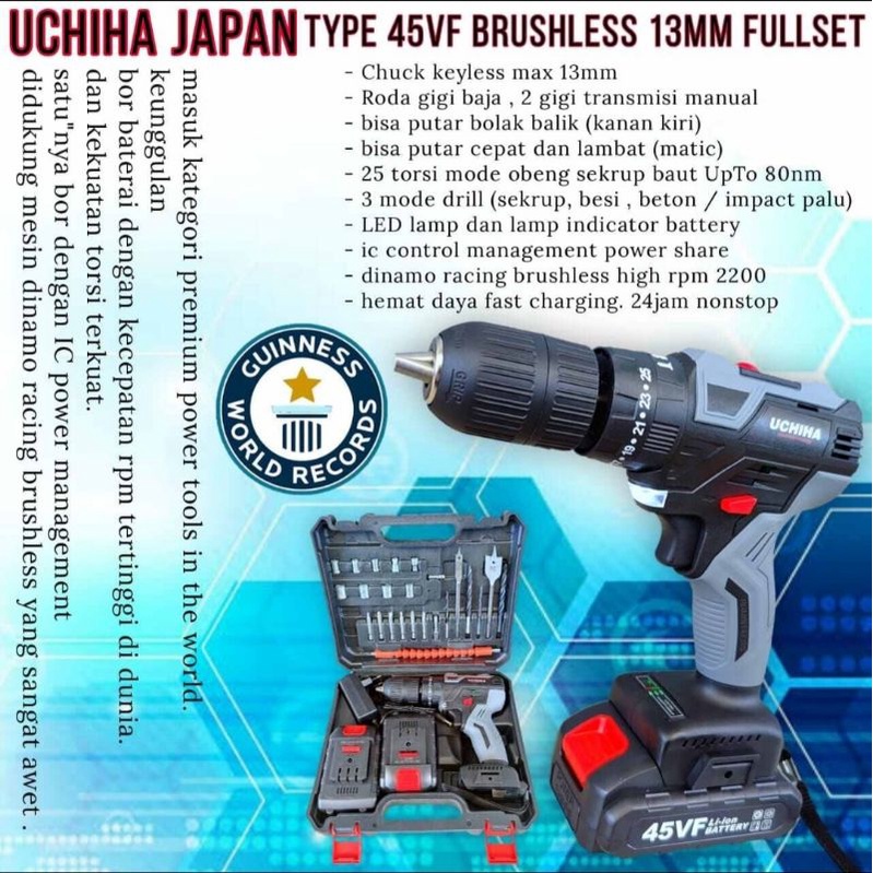 Alat-alat untuk bor batre Mesin bor baterai cordless impact drill UCHIHA  45vf 44vf UCIHA JAPAN TEKN